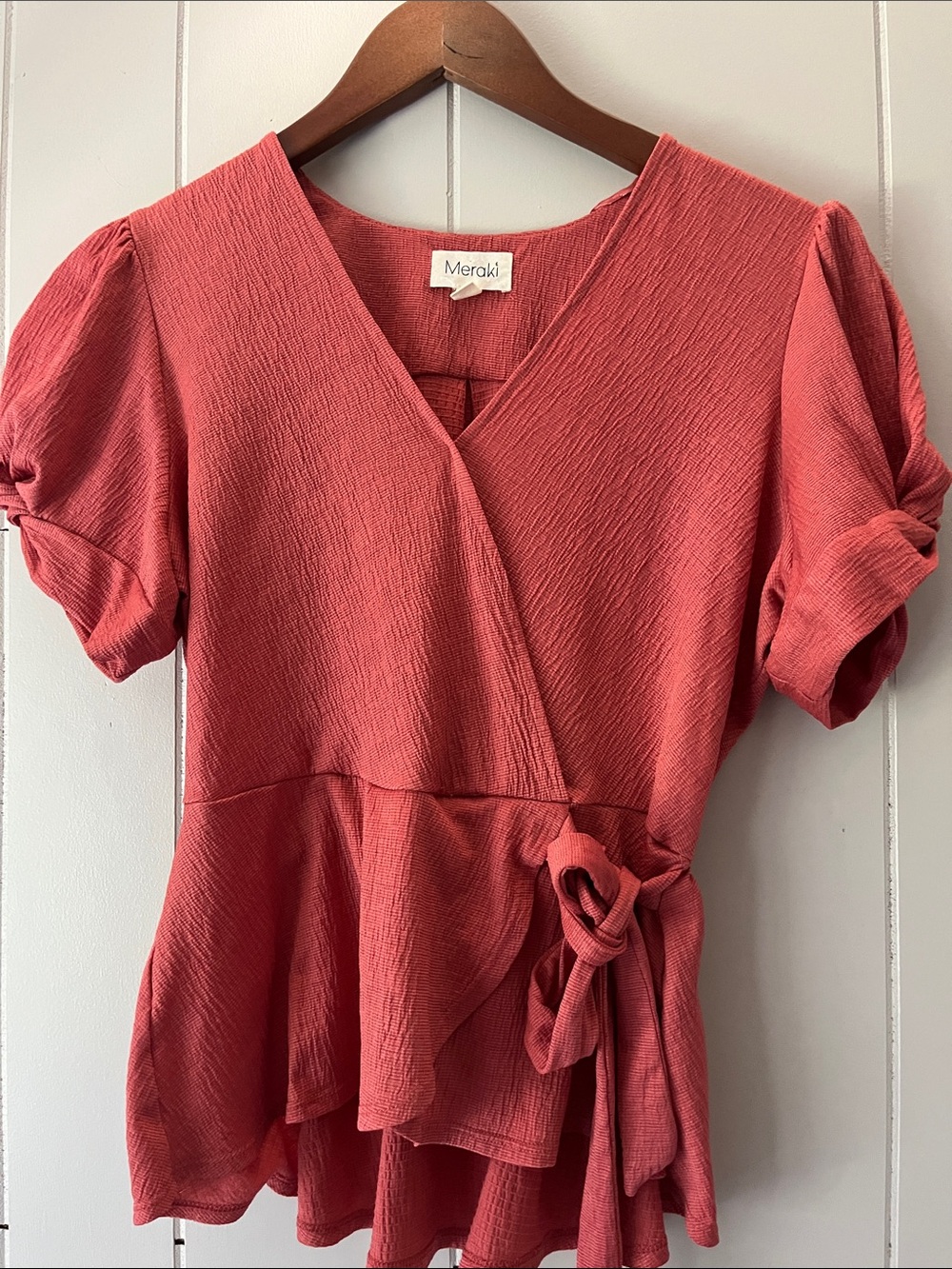 meraki Dusty Rose Textured Wrap Peplum Blouse